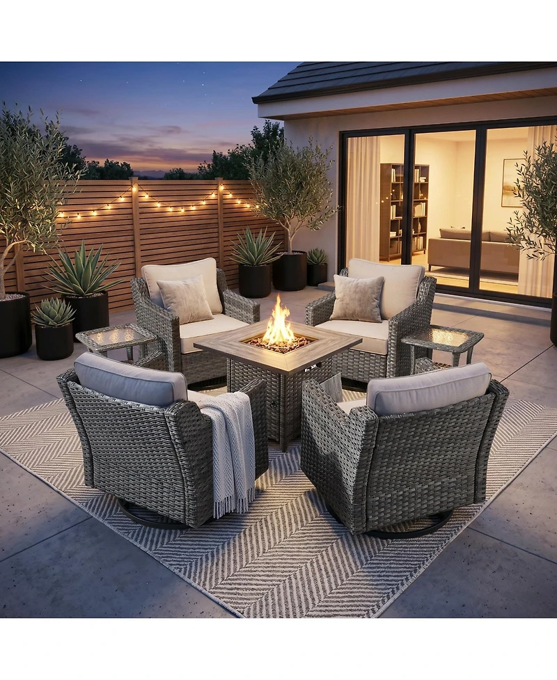 Pocassy 7-Piece Outdoor Conversation Set with Fire Pit Table, 4 Swivel Rocking Chairs and 2 Side Tables, All-Weather Pe Rattan and Steel Frame