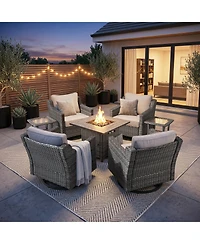 Pocassy 7-Piece Outdoor Conversation Set with Fire Pit Table, 4 Swivel Rocking Chairs and 2 Side Tables, All-Weather Pe Rattan and Steel Frame