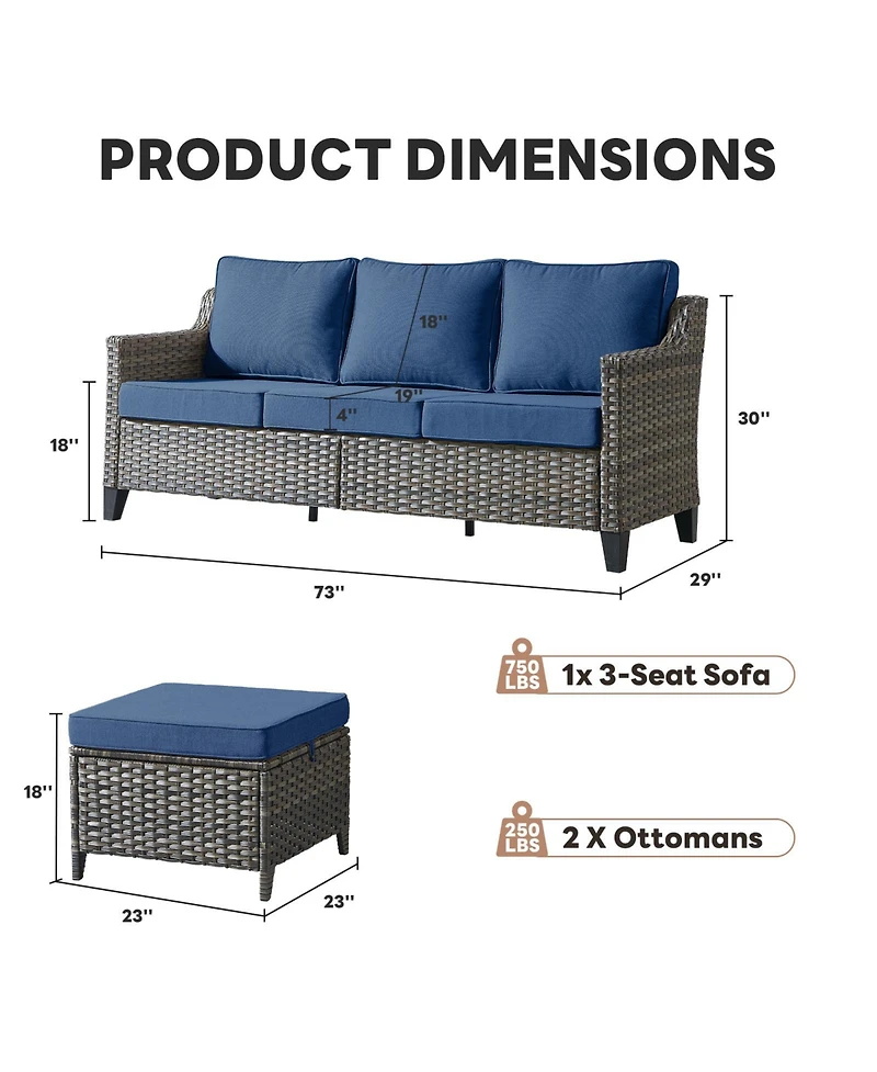 Pocassy 3 Pieces Patio Furniture Set All-Weather Outdoor Wicker Sofa Couch Patio Furniture with Cushion and Wicker Ottomans