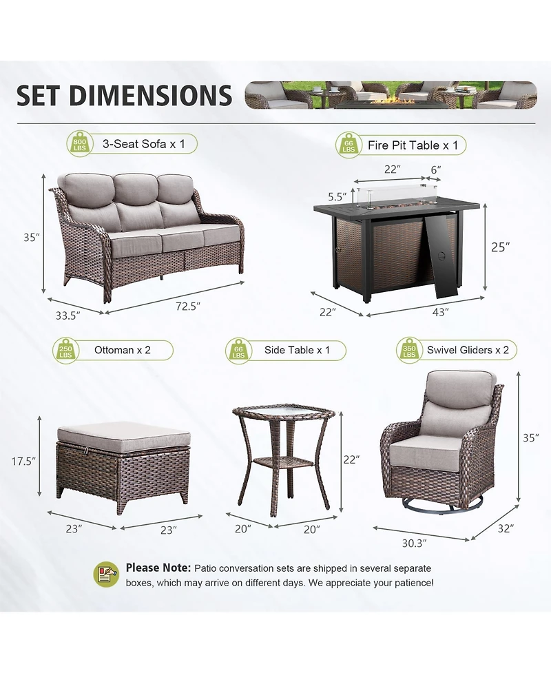 Pocassy Piece Outdoor Patio Furniture with Fire Pit Set,Wicker Sofa Set Rocking Chairs Ottomans,6inch Thick Cushions