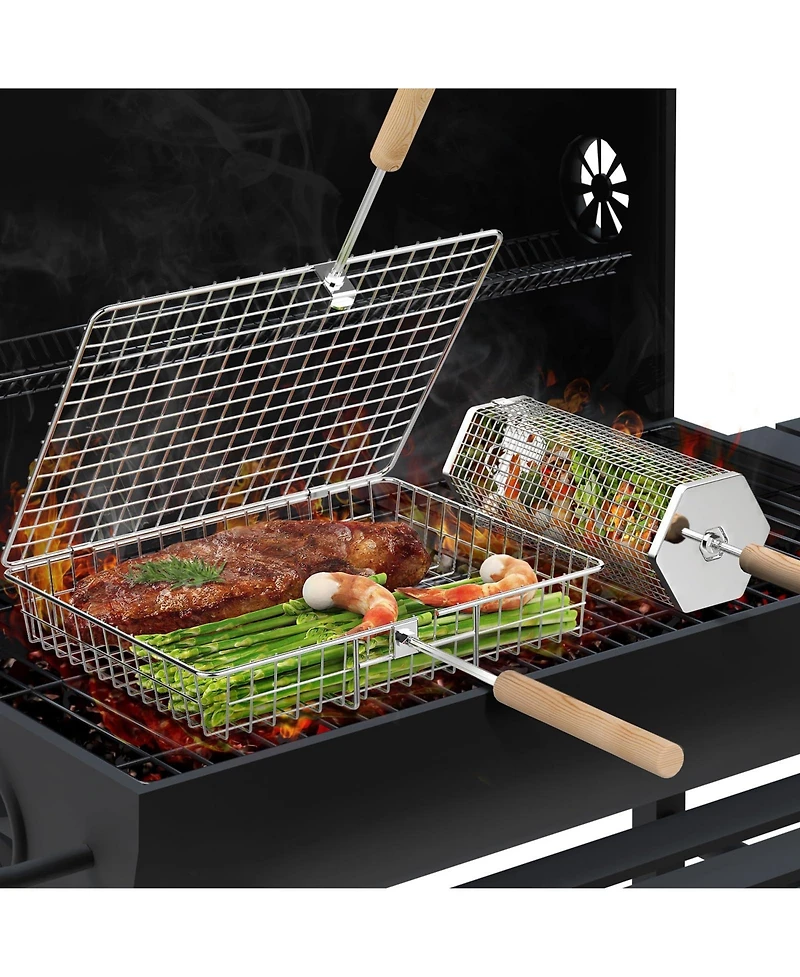 Xdovet Grill Basket Removable Wooden Handle Stainless Steel Bbq Tool