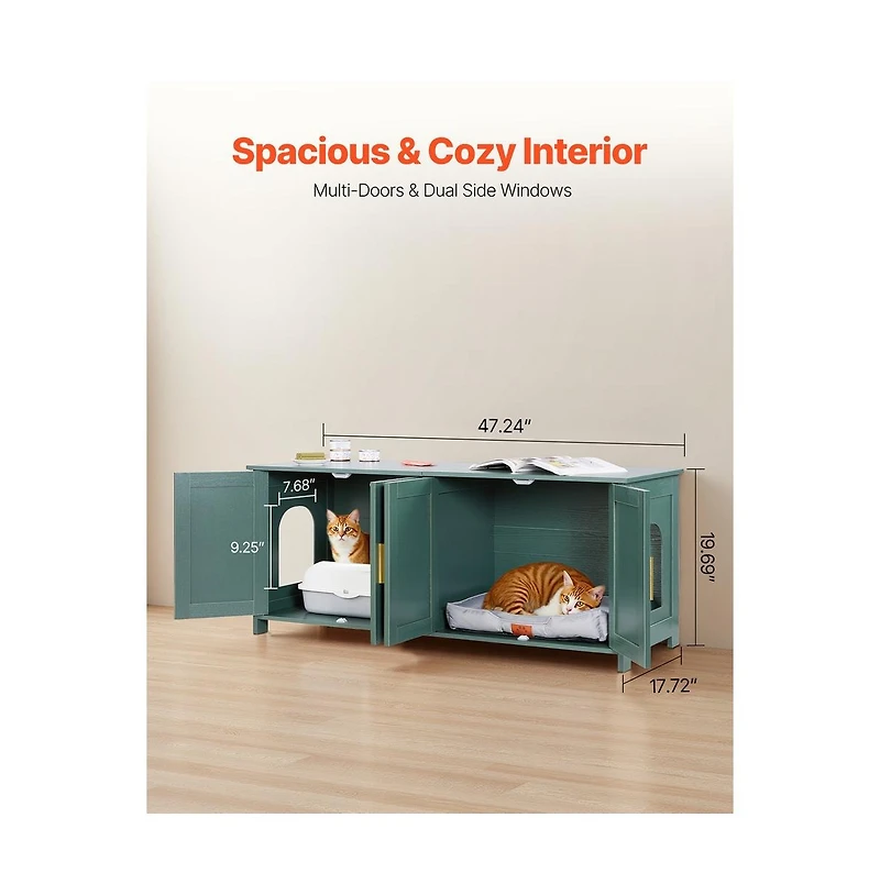 Ruie 47 in Cat Litter Box Enclosure Cabinet with 4 Doors and 2 Entries