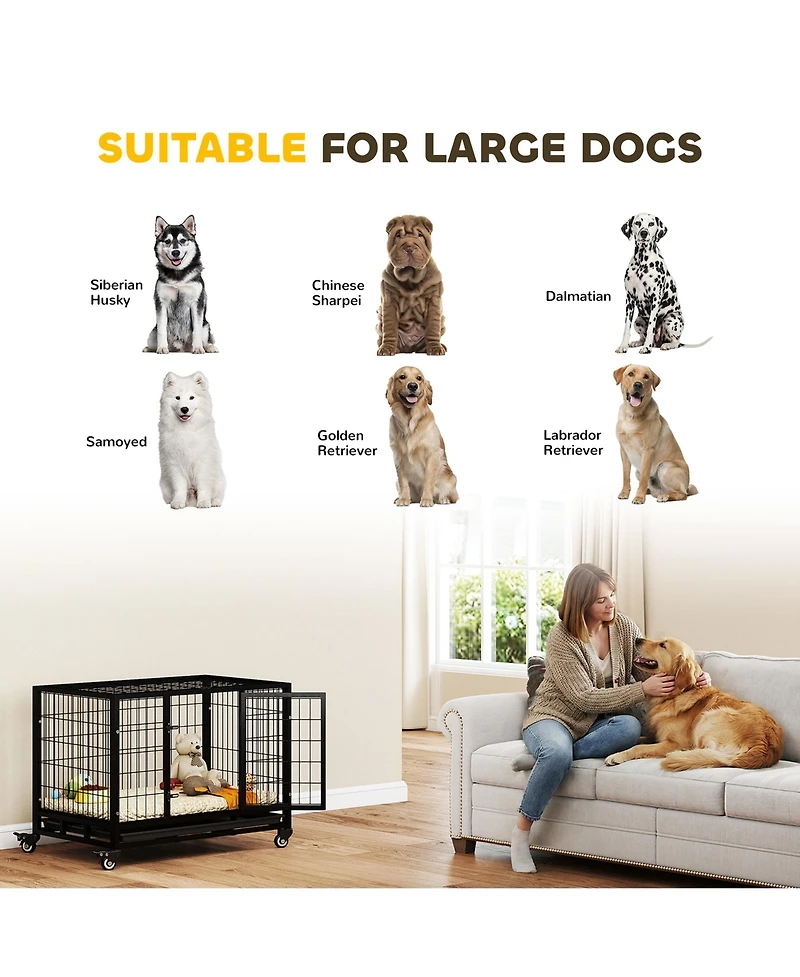 Ruie 36 Inch Heavy Duty Dog Crate with Double Doors Removable Tray and Rolling Casters