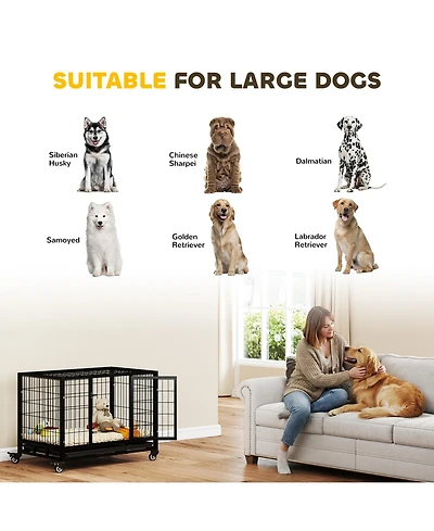 Ruie 36 Inch Heavy Duty Dog Crate with Double Doors Removable Tray and Rolling Casters