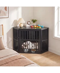 Ruie 35.5 Inch Wooden Dog Kennel End Table with 3 Position Bowl Rack