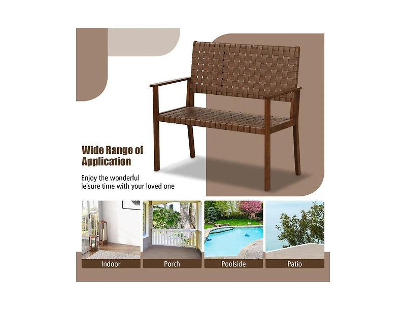 Lucky One Outdoor Loveseat Bench with Rubber Wood Frame and Hand Woven Pu Leather