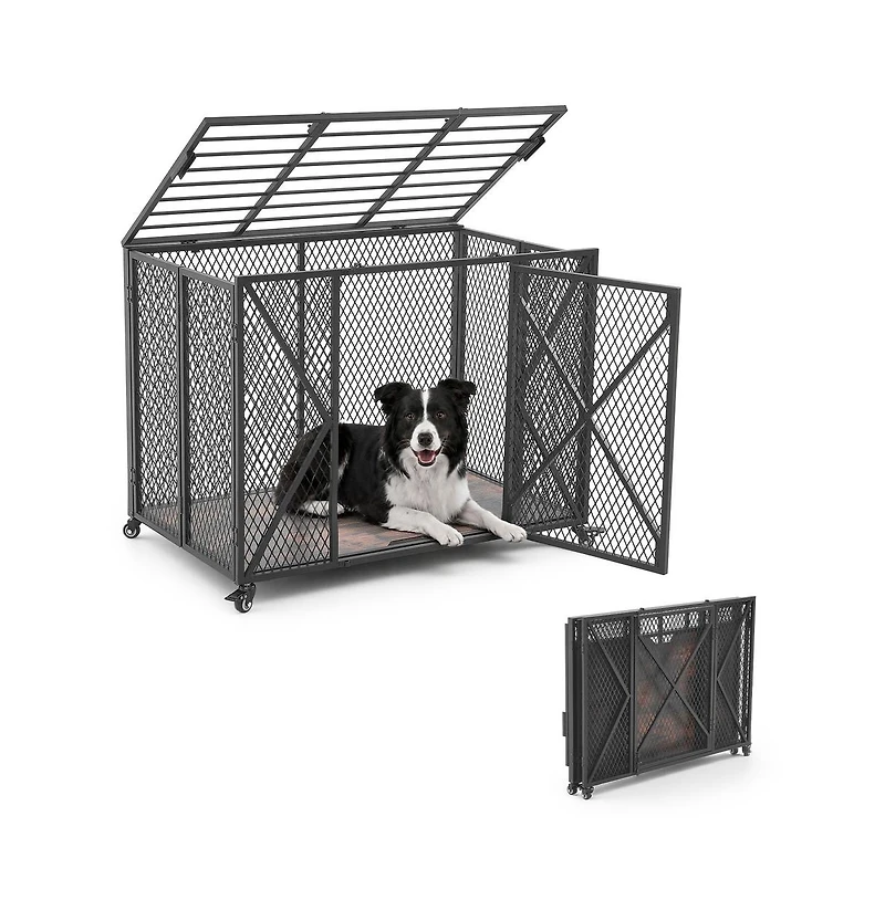 Ruie 38 in Heavy Duty Dog Crate with Double Doors and Lockable Wheels