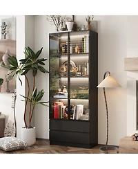 Famapy Display Cabinet with 2 Glass Doors and Lights, 4-Tier Storage Shelves and 2 Drawers