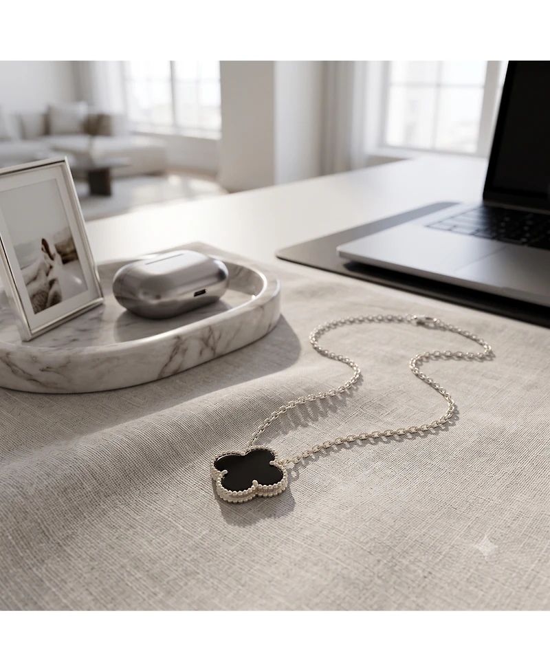 Simona Sterling Silver, Onyx Clover, Beaded Outline Necklace