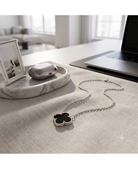 Simona Sterling Silver, Onyx Clover, Beaded Outline Necklace