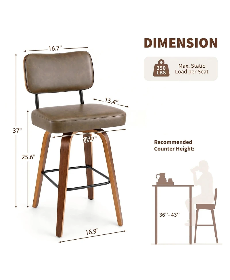 homfan Counter Height Bar Stools Set of 4, 26" Swivel Bar Stools with Back and Bentwood Legs Upholstered Counter Stools