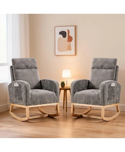 homfan Set of 2 Modern Rocking Chair, Nursery High Back, Side Pocket,Upholstered Glider Armchair with Rubber Wood Legs