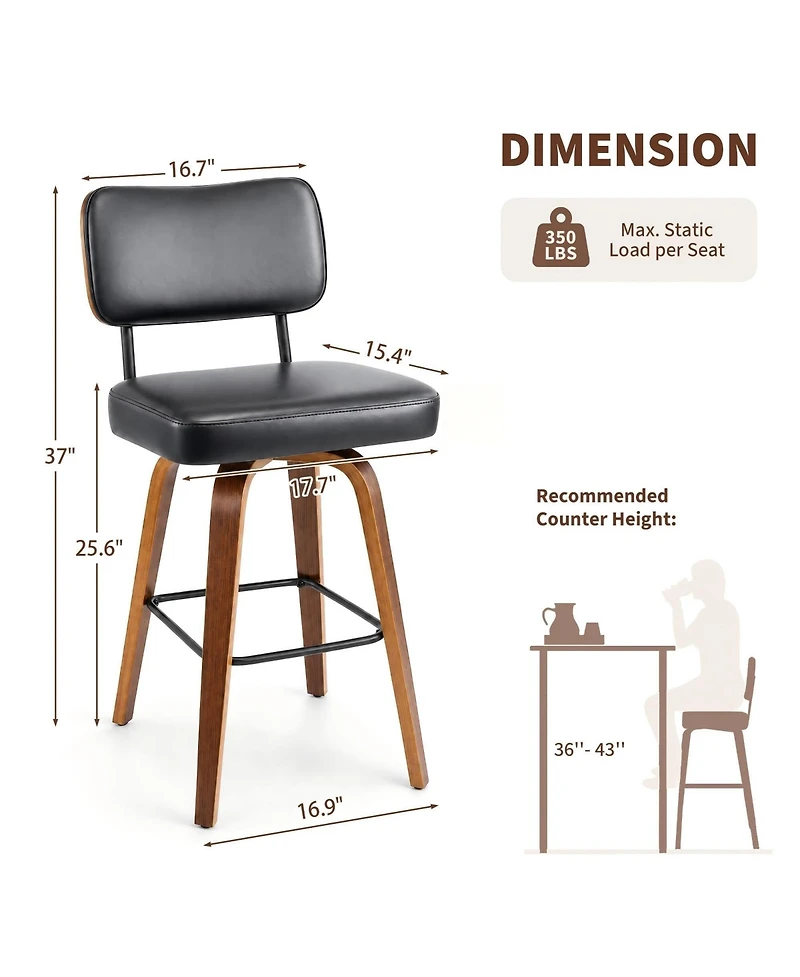 homfan Set of 3 Counter Height Bar Stools, 26" Swivel Stools with Back and Bentwood Legs, Faux Leather Upholstered