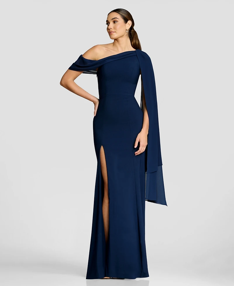 Dress the Population Women's Asymmetrical Neck Shoulder-Drape A-Line Gown