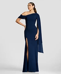 Dress the Population Women's Asymmetrical Neck Shoulder-Drape A-Line Gown