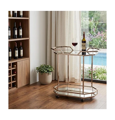 HomeRoots 31" Iron and Mirrored Glass Octagonal Rolling Bar Cart