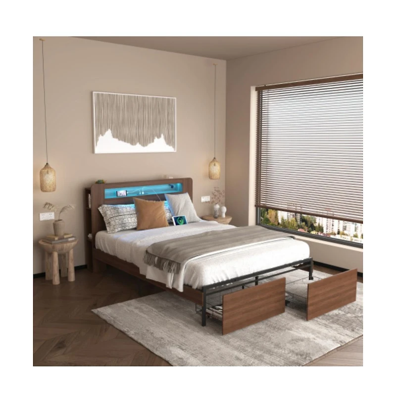 Lucky One Full Size Wood Platform Bed Frame with 2 Storage Drawers, Led Headboard, Usb Charging, No Box Spring Needed, Farmhouse Style