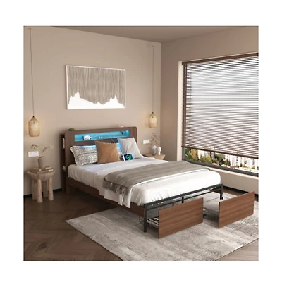 Lucky One Full Size Wood Platform Bed Frame with 2 Storage Drawers, Led Headboard, Usb Charging, No Box Spring Needed, Farmhouse Style