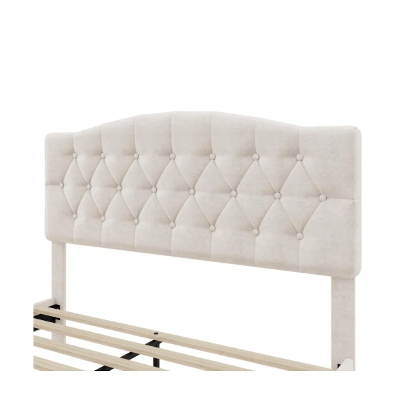 Lucky One Queen Size Upholstered Platform Bed with Adjustable Curved Headboard, Diamond Tufting, Wooden Slats, No Box Spring Needed