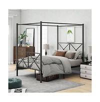 Lucky One Full Size Metal Canopy Bed Frame with X-Shaped Frame, Platform Bed, Steel Slats, No Box Spring Needed, Under-Bed Storage