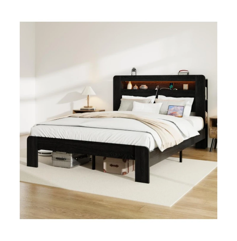 Lucky One Full Size Wood Platform Bed Frame with Storage Led Headboard, Usb Ports, Wood Slats, No Box Spring Needed