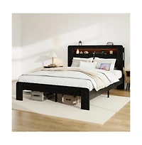 Lucky One Full Size Wood Platform Bed Frame with Storage Led Headboard, Usb Ports, Wood Slats, No Box Spring Needed