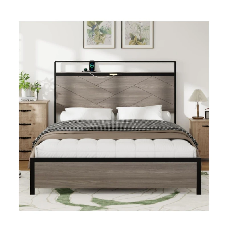 Lucky One Full Size Wooden Platform Bed Frame with Storage Led Headboard, Usb Charging, Metal Frame, No Box Spring Needed