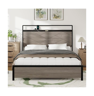 Lucky One Full Size Wooden Platform Bed Frame with Storage Led Headboard, Usb Charging, Metal Frame, No Box Spring Needed