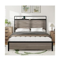 Lucky One Full Size Wooden Platform Bed Frame with Storage Led Headboard, Usb Charging, Metal Frame, No Box Spring Needed