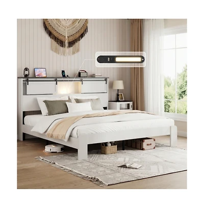 Lucky One King Size Metal Bed Frame with Storage Headboard, Usb Charging, Heavy Duty Metal Slats, No Box Spring Needed