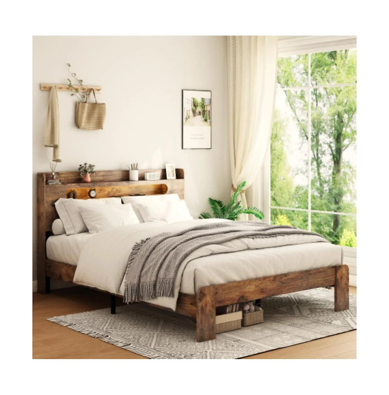 Lucky One Queen Size Wood Platform Bed Frame with Storage Led Headboard, Usb Charging, Wood Slats, No Box Spring Needed