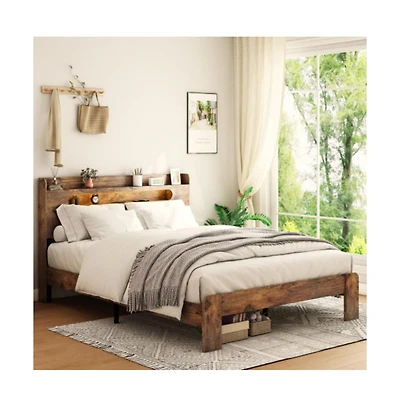 Lucky One Queen Size Wood Platform Bed Frame with Storage Led Headboard, Usb Charging, Wood Slats, No Box Spring Needed