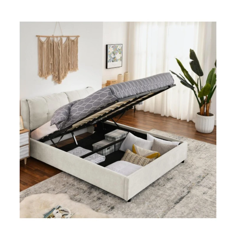 Lucky One Queen Size Storage Upholstered Hydraulic Platform Bed with Integrated Headboard, Chenille Fabric
