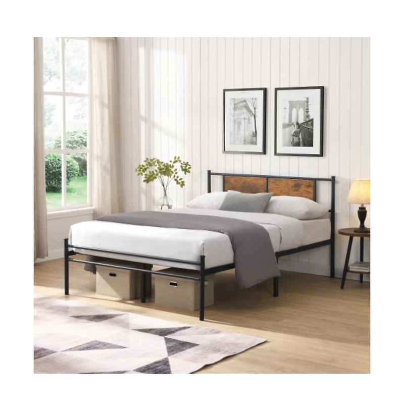 Lucky One Full Size Metal Bed Frame with Wood Panel Headboard, Steel Structure, No Box Spring Needed, Under-Bed Storage