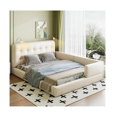 Lucky One Queen Size Upholstered Platform Bed with 2 Reading Lights, Pu Leather, Wood Slats, No Box Spring Needed