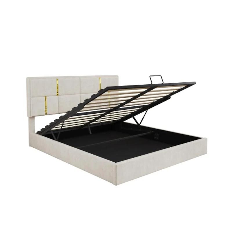 Lucky One Queen Size Upholstered Platform Bed with Hydraulic Storage System, Soft Fabric Headboard