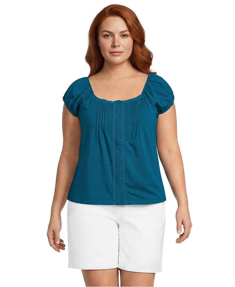 Lands' End Plus Sleeveless Lightweight Jersey Pintuck Button Front Blouse