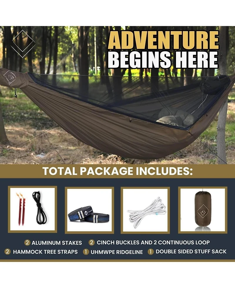 Piscifun 11feet Camping Hammock with Mosquito Net Adjustable Ridgeline Lightweight Portable Tree Straps