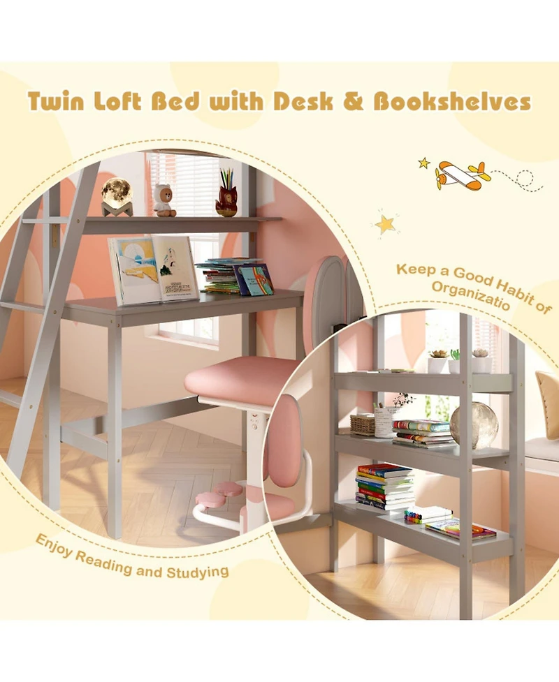 Gouun Twin Loft Bed with Integrated Desk and Bookshelves for Kids and Teens