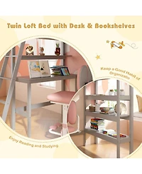Gouun Twin Loft Bed with Integrated Desk and Bookshelves for Kids and Teens