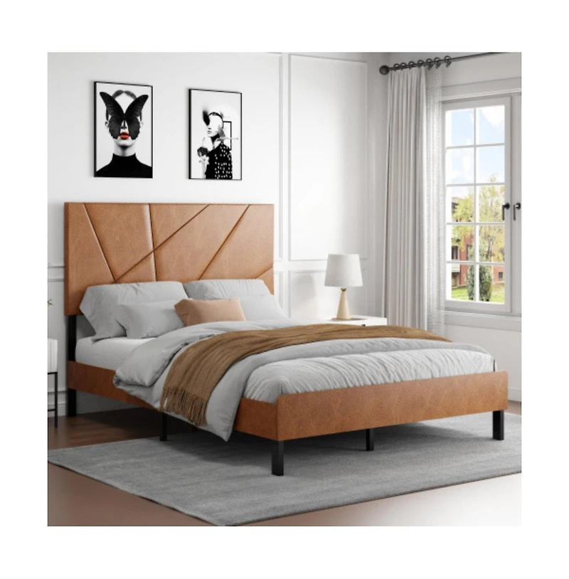 Lucky One Full Size Metal Platform Bed Frame with Upholstered Headboard, Square Design, Under-Bed Storage, No Box Spring Needed