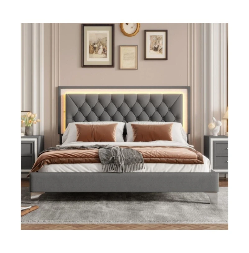Lucky One Queen Size Upholstered Bed Frame with Led Lights, Velvet Platform Bed with Tufted Headboard, Wood Slats, No Box Spring Needed