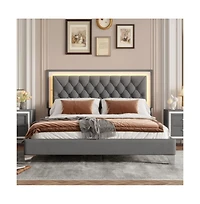 Lucky One Queen Size Upholstered Bed Frame with Led Lights, Velvet Platform Bed with Tufted Headboard, Wood Slats, No Box Spring Needed