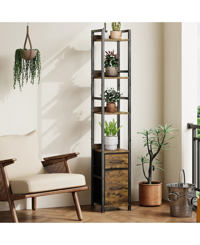 homfan 6-Tier Tall Narrow Industrial Bookshelf with 2 Fabric Drawers, Metal Frame