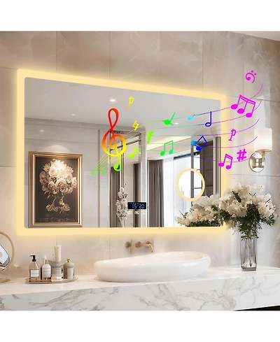 Luvodi Wall-Mounted 40"x24" Makeup Vanity Led-Bathroom-Mirror with Bluetooth Speaker, Time Display, Anti-Fog, Memory Function, Temperature
