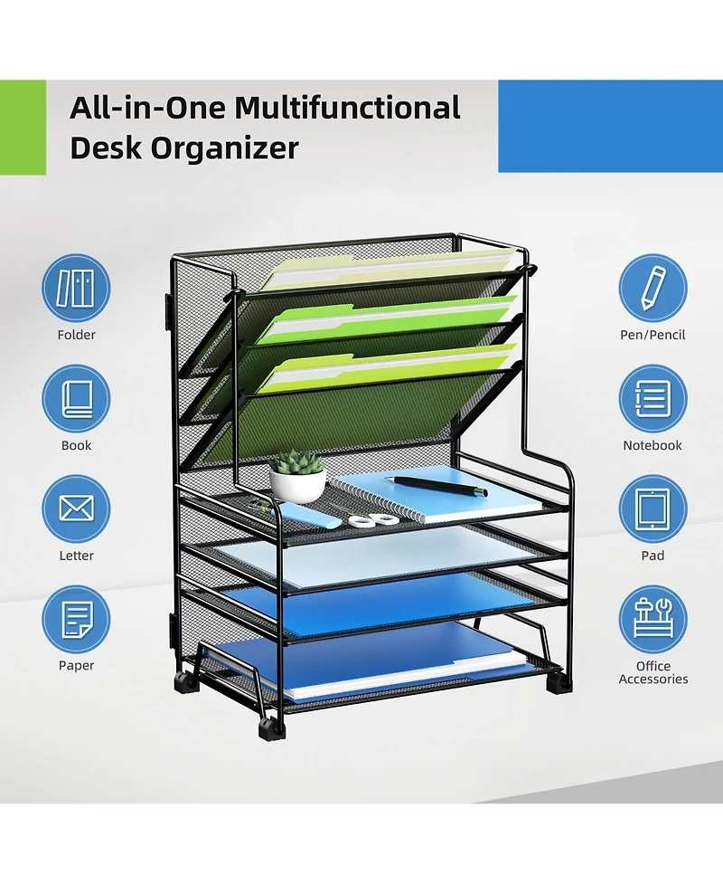 Danrong 4-Tier Document Tray and 3-Slot File Organizer - Metal Desktop Storage Rack