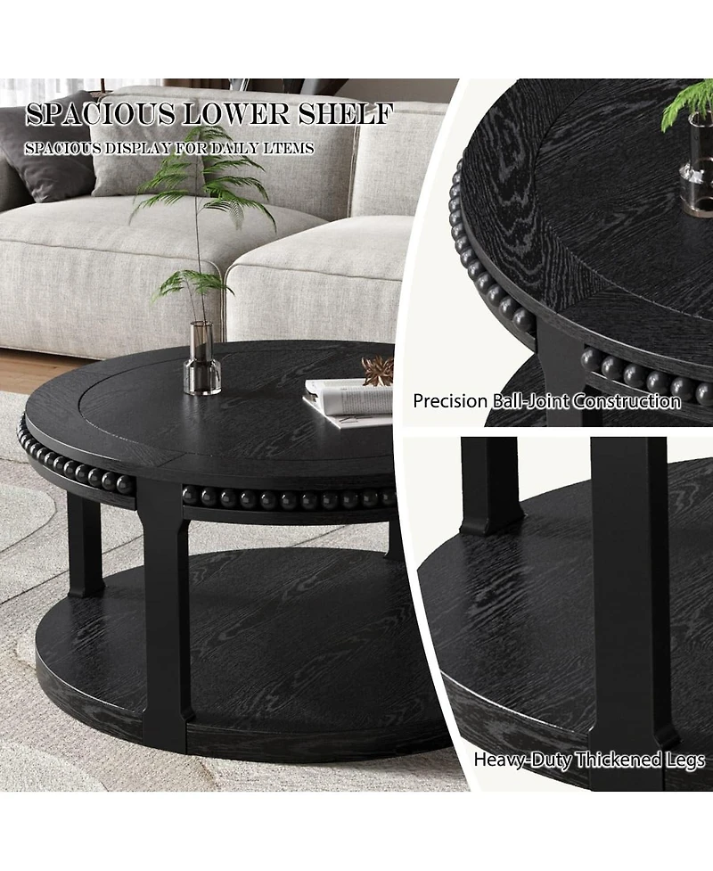 The Pop Home 31.5" Round Coffee Table, 2-Tier Solid Wood Accent Table with Shelf