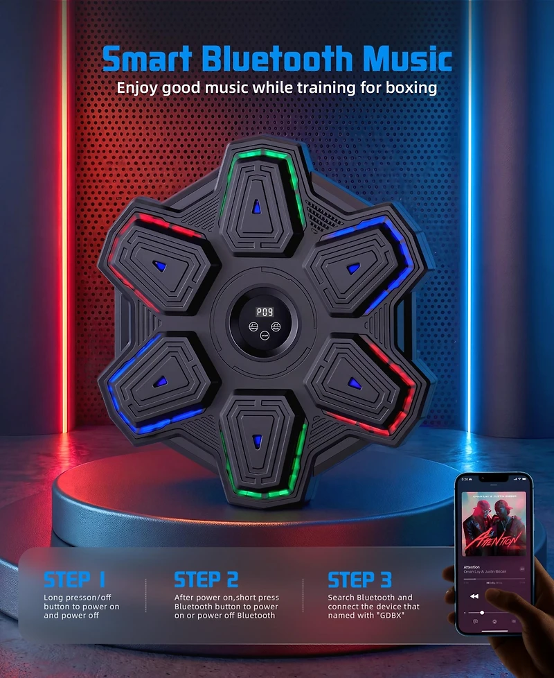Sugift Music Boxing Machine, Bluetooth and Led, Wall-Mounted Punching Pad with Gloves, 9 Modes and Speeds for Adults and Kids