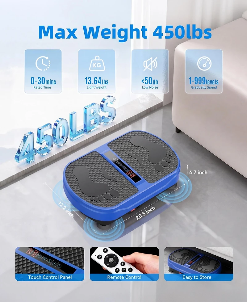 Sugift Vibration Plate Exercise Machine with Bluetooth Speaker, 2 Loops, 5 Resistance Bands, 450lb Capacity