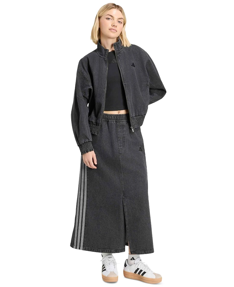 adidas Women's Stadium Washed Denim Bomber Loose-Fit Jacket
